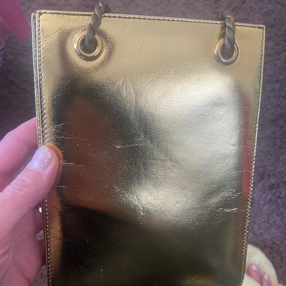 Ralph Lauren Leather Metallic Gold Mini Crossbody Bag Rope Handles Mirror - Picture 3 of 8